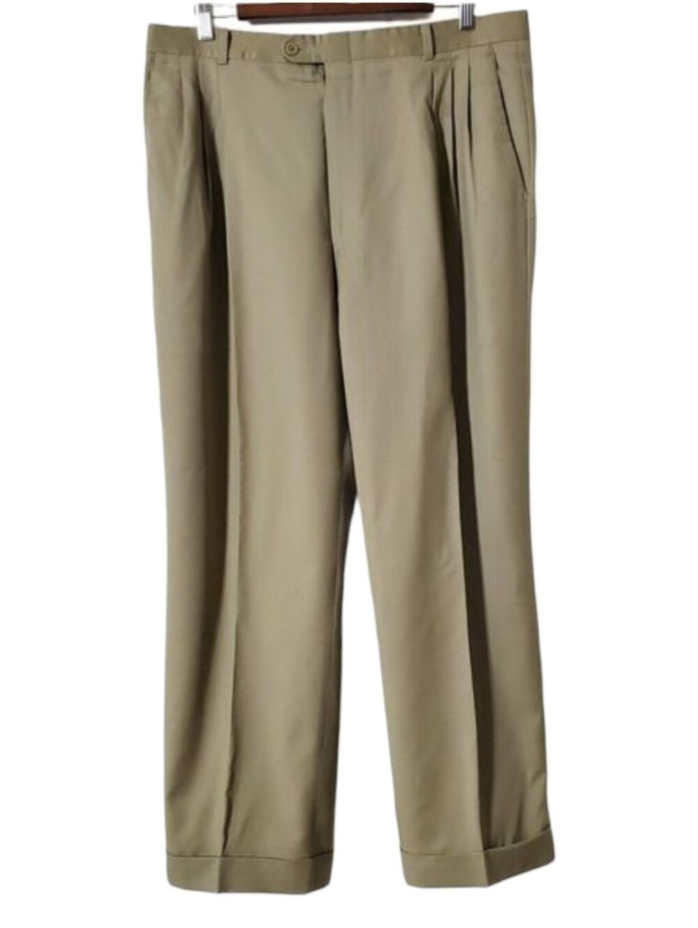 Hickey Freeman Dress Pants Beige Pleated Cuffed Trousers 36x28 Mens